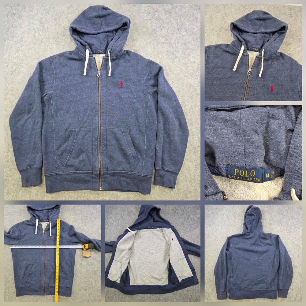 Polo Ralph Lauren Hoodie Mens Medium Blue Full Zip Fleece Pony Logo Sweatshirt
